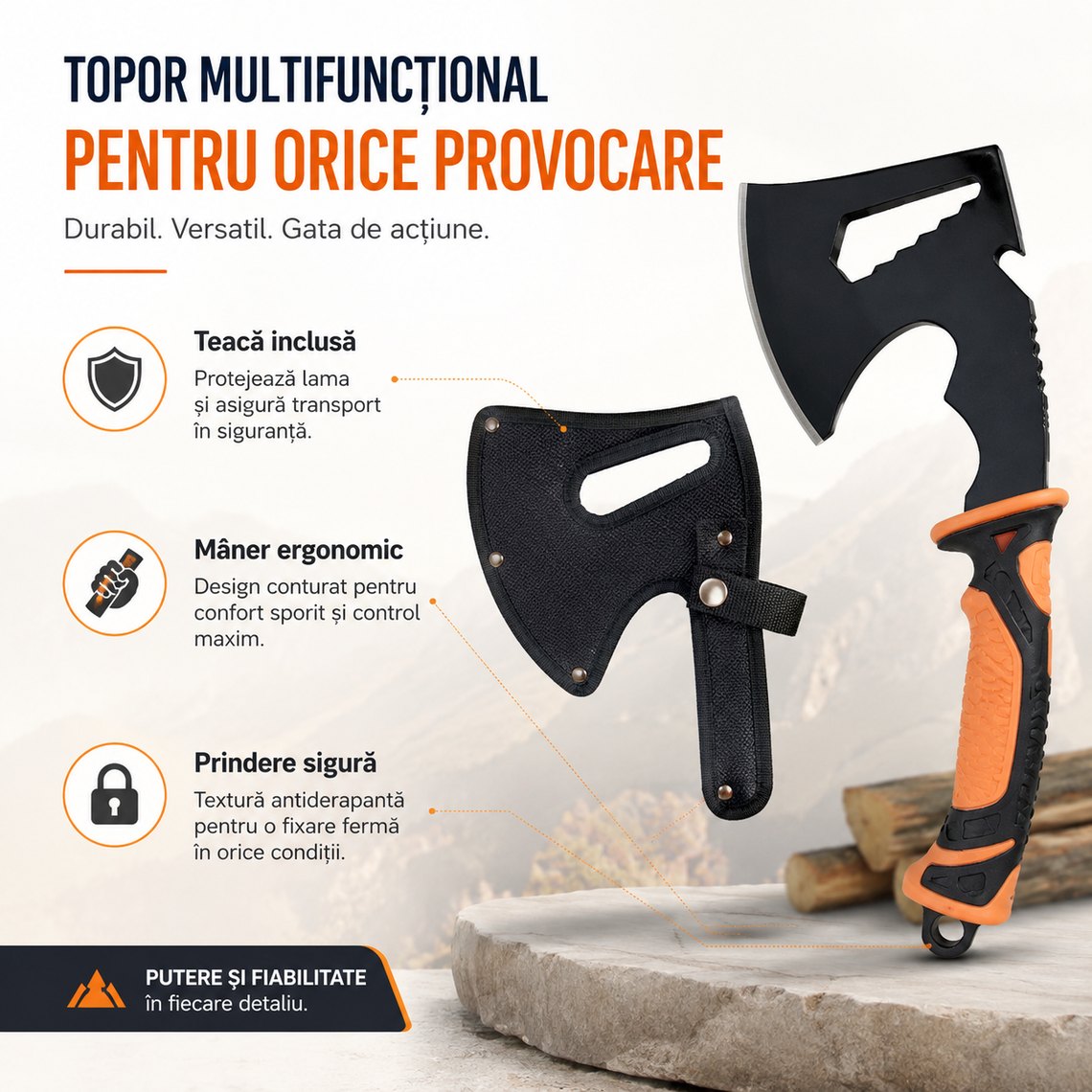 Topor multifuncțional camping, 30 cm – poza 3