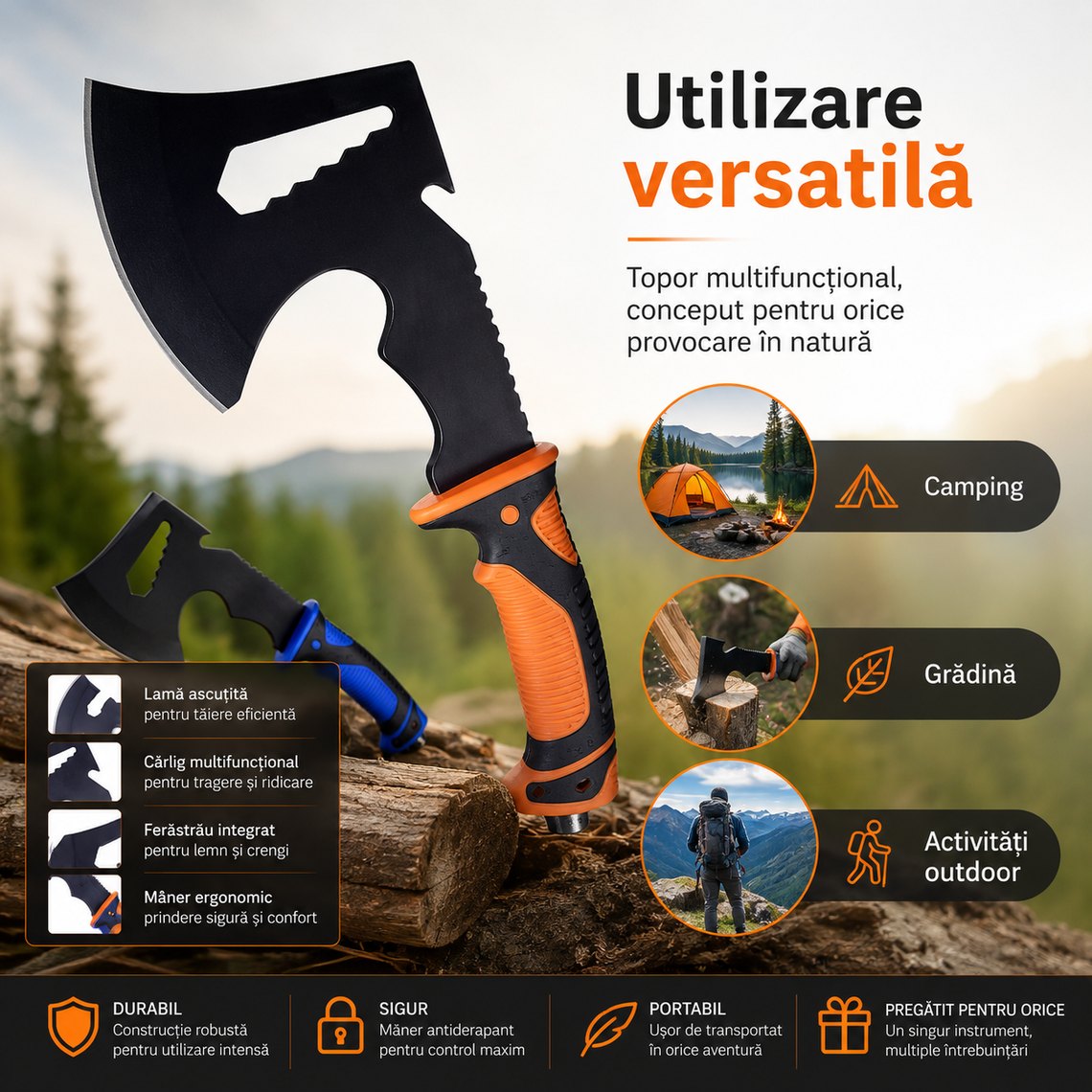 Topor multifuncțional camping, 30 cm – poza 2